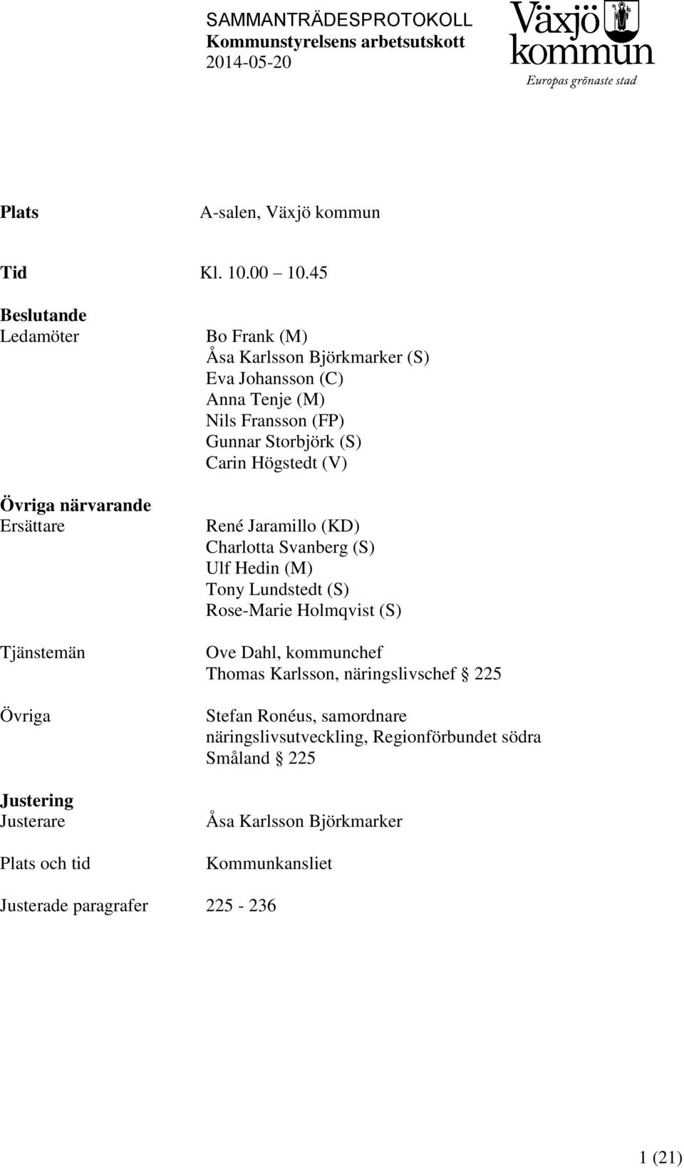 Johansson (C) Anna Tenje (M) Nils Fransson (FP) Gunnar Storbjörk (S) Carin Högstedt (V) René Jaramillo (KD) Charlotta Svanberg (S) Ulf Hedin (M) Tony