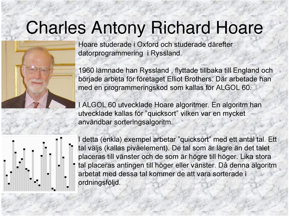 I ALGOL 60 utvecklade Hoare algoritmer. En algoritm han utvecklade kallas för quicksort vilken var en mycket användbar sorteringsalgoritm.