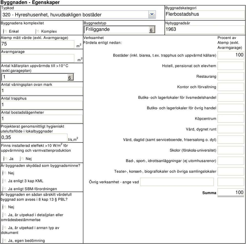 garageplan) Antal våningsplan ovan mark Antal trapphus Antal bostadslägenheter 6 Projekterat genomsnittligt hygieniskt uteluftsflöde i lokalbyggnader 0,35 l/s,m 2 Finns installerad eleffekt >0 W/m 2