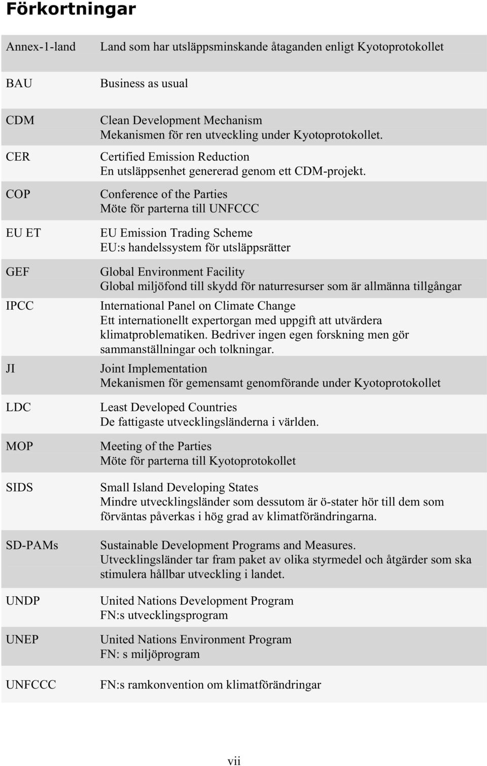 Conference of the Parties Möte för parterna till UNFCCC EU Emission Trading Scheme EU:s handelssystem för utsläppsrätter Global Environment Facility Global miljöfond till skydd för naturresurser som