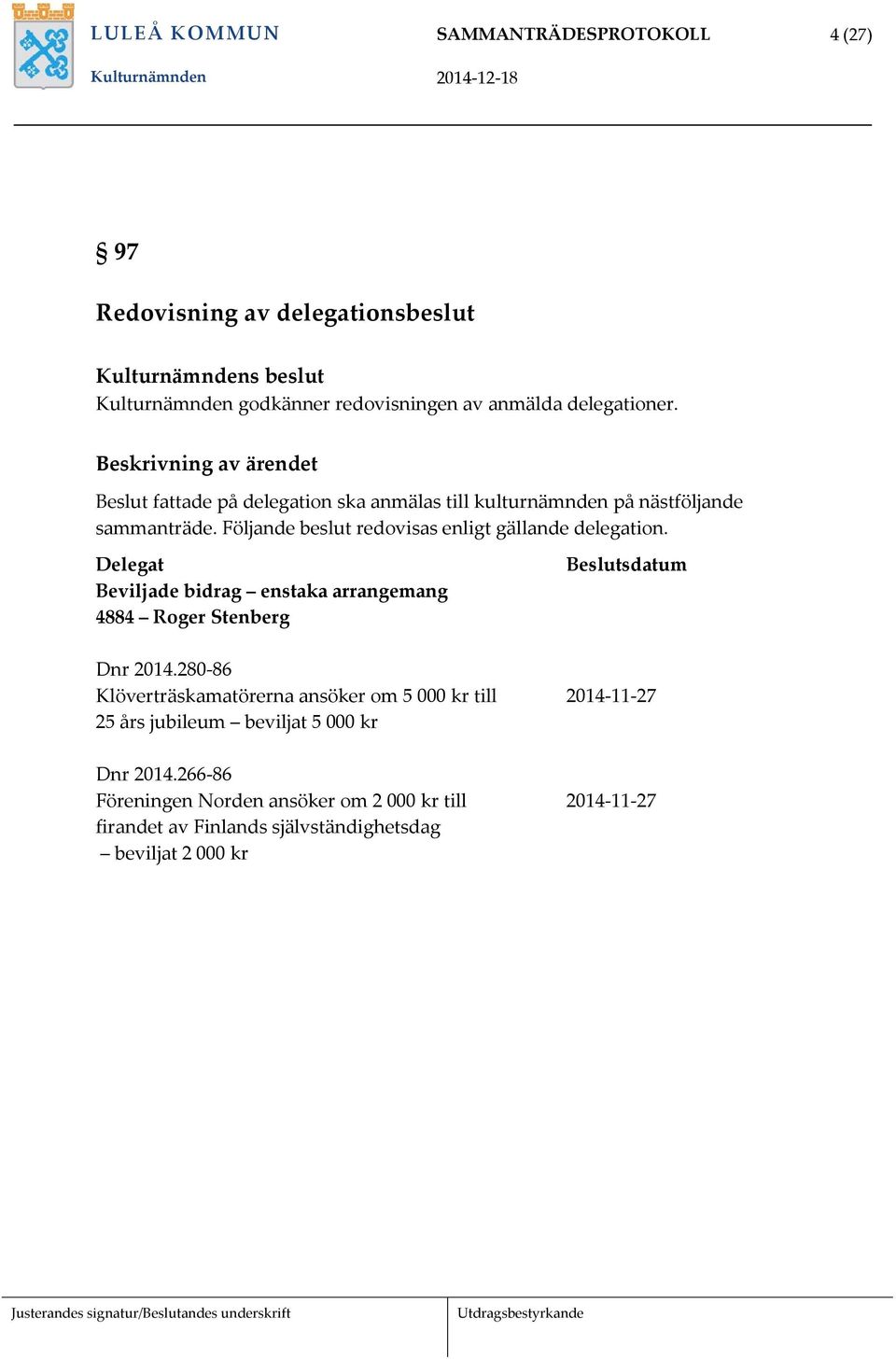 Följande beslut redovisas enligt gällande delegation. Delegat Beviljade bidrag enstaka arrangemang 4884 Roger Stenberg Beslutsdatum Dnr 2014.