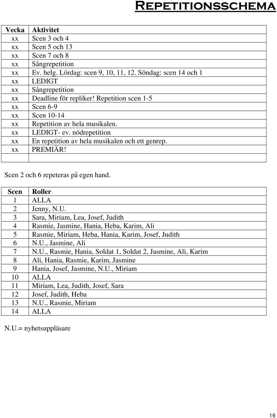 nödrepetition xx En repetition av hela musikalen och ett genrep. xx PREMIÄR! Scen 2 och 6 repeteras på egen hand. Scen Roller 1 ALLA 2 Jenny, N.U.