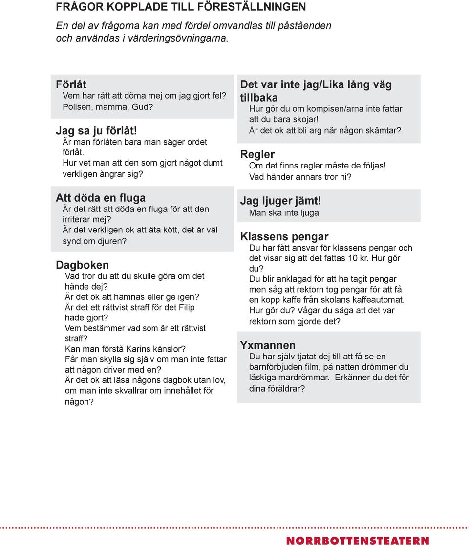 Att döda en fluga Är det rätt att döda en fluga för att den irriterar mej? Är det verkligen ok att äta kött, det är väl synd om djuren? Dagboken Vad tror du att du skulle göra om det hände dej?