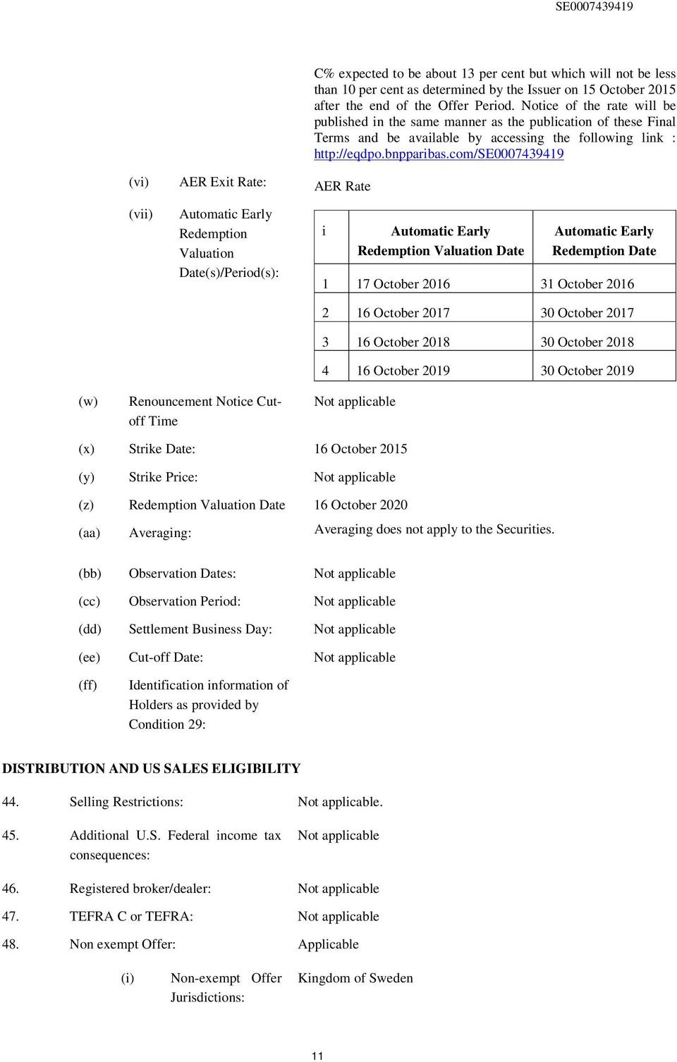 com/se0007439419 (vii) Automatic Early Redemption Valuation Date(s)/Period(s): i Automatic Early Redemption Valuation Date Automatic Early Redemption Date 1 17 October 2016 31 October 2016 2 16