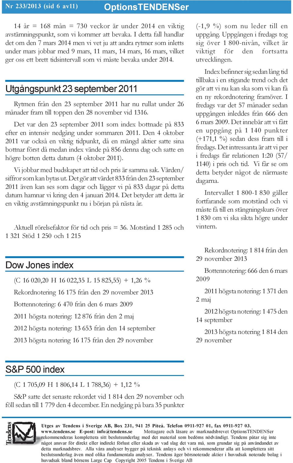 bevaka under 2014. Utgångspunkt 23 september 2011 Rytmen från den 23 september 2011 har nu rullat under 26 månader fram till toppen den 28 november vid 1316.