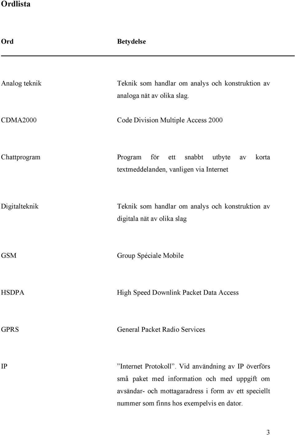 handlar om analys och konstruktion av digitala nät av olika slag GSM Group Spéciale Mobile HSDPA High Speed Downlink Packet Data Access GPRS General Packet