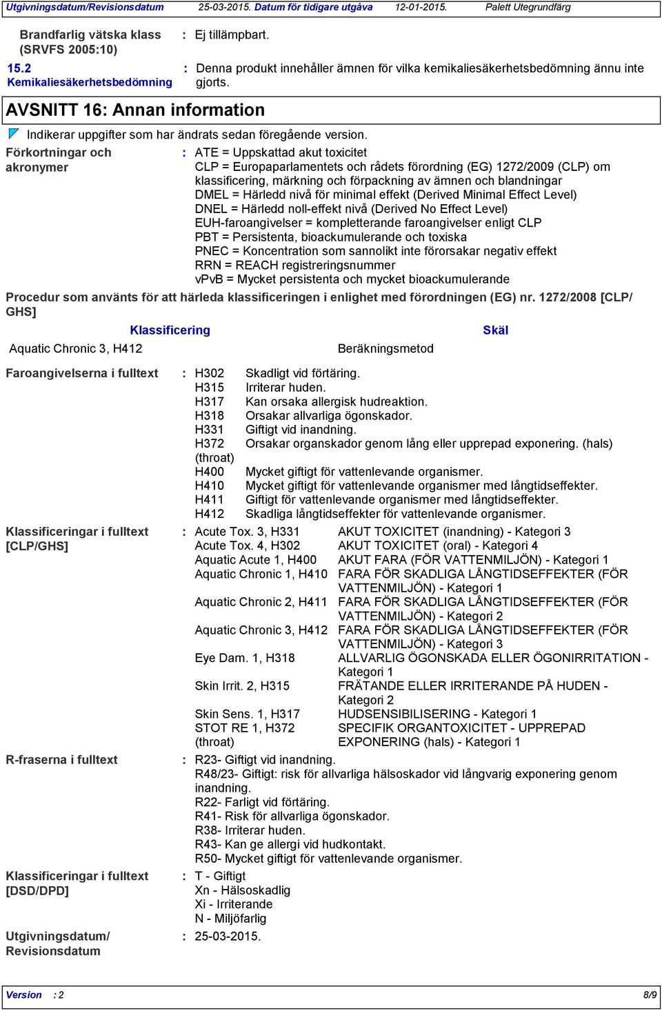 Förkortningar och akronymer ATE = Uppskattad akut toxicitet CLP = Europaparlamentets och rådets förordning (EG) 1272/2009 (CLP) om klassificering, märkning och förpackning av ämnen och blandningar