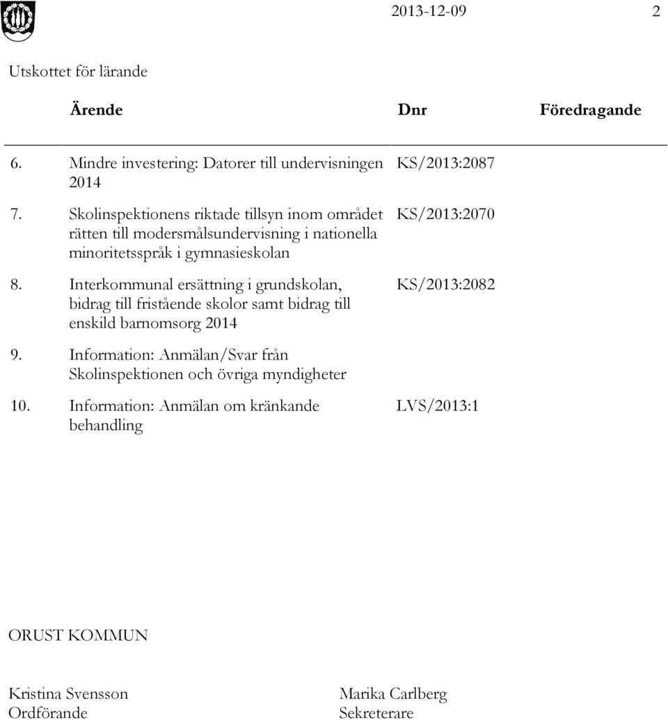 Interkommunal ersättning i grundskolan, bidrag till fristående skolor samt bidrag till enskild barnomsorg 2014 KS/2013:2087 KS/2013:2070