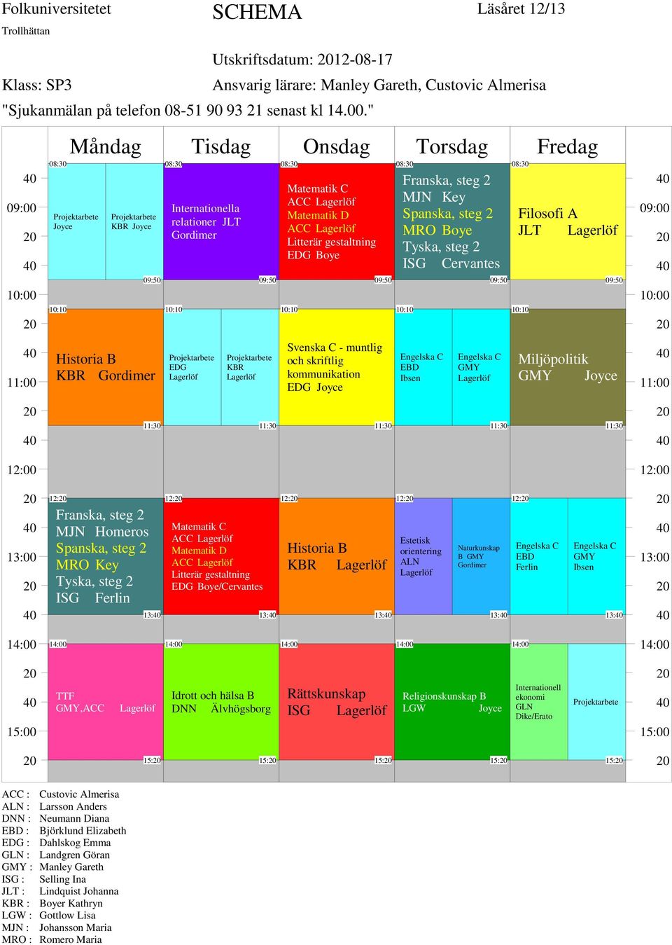 Spanska, steg 2 MRO Key Tyska, steg 2 ISG 13: 12: Matematik C Matematik D Litterär gestaltning EDG 13: 12: Historia B KBR 13: 12: Estetisk orientering ALN B GMY 13: 12: GMY 13: GMY,ACC