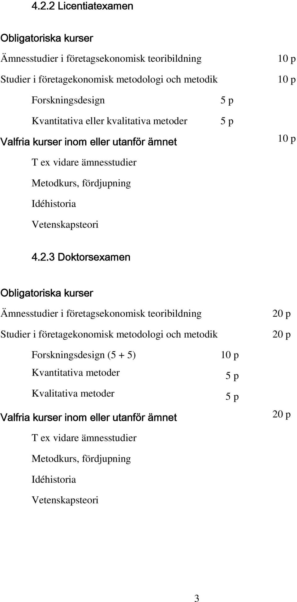 3 Doktorsexamen Obligatoriska kurser Ämnesstudier i företagsekonomisk teoribildning Studier i företagekonomisk metodologi och metodik Forskningsdesign (5 + 5)