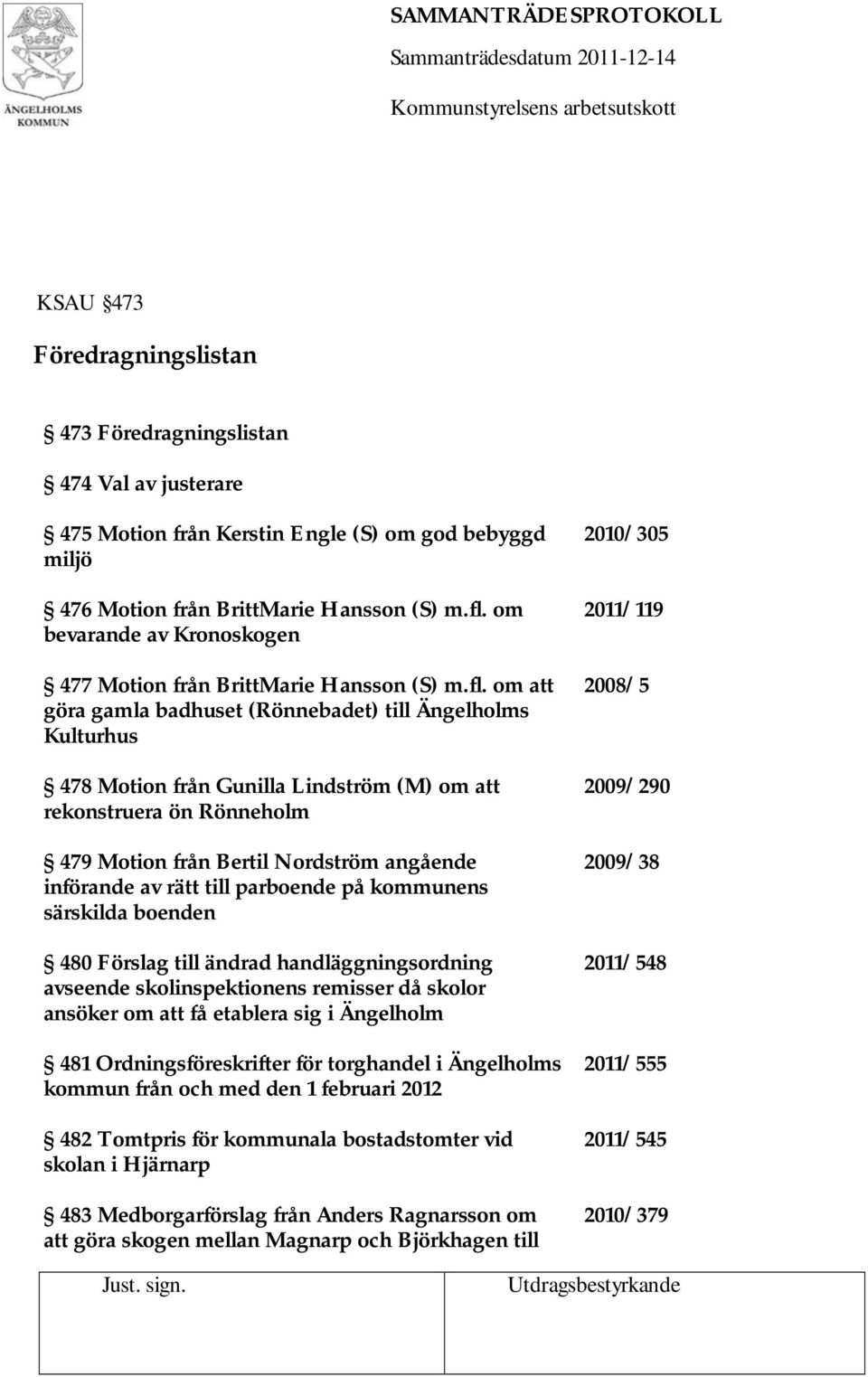 om att göra gamla badhuset (Rönnebadet) till Ängelholms Kulturhus 478 Motion från Gunilla Lindström (M) om att rekonstruera ön Rönneholm 479 Motion från Bertil Nordström angående införande av rätt