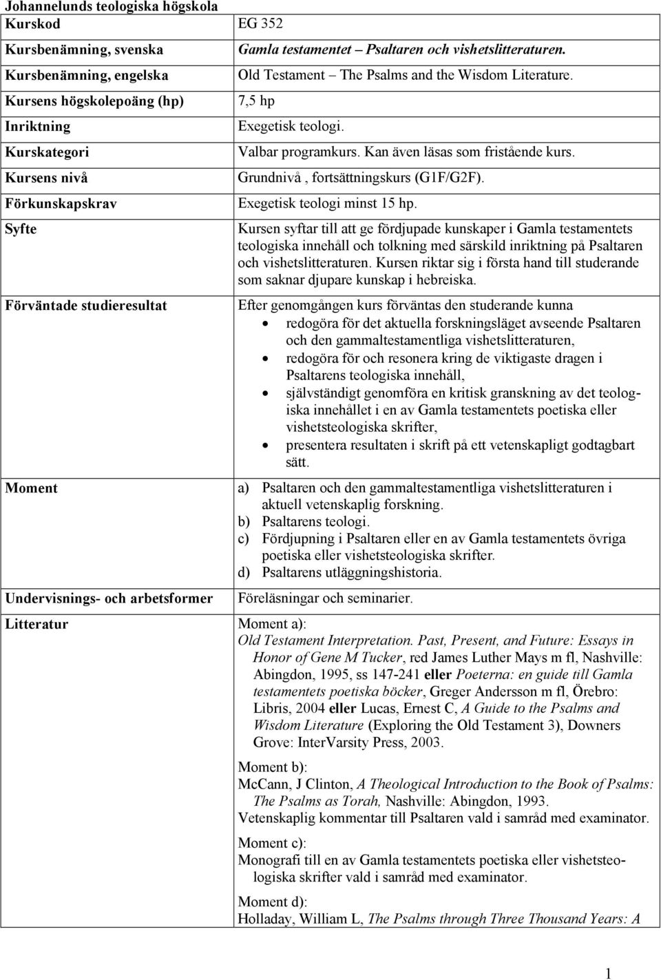 Kan även läsas som fristående kurs. Grundnivå, fortsättningskurs (G1F/G2F). Exegetisk teologi minst 15 hp.