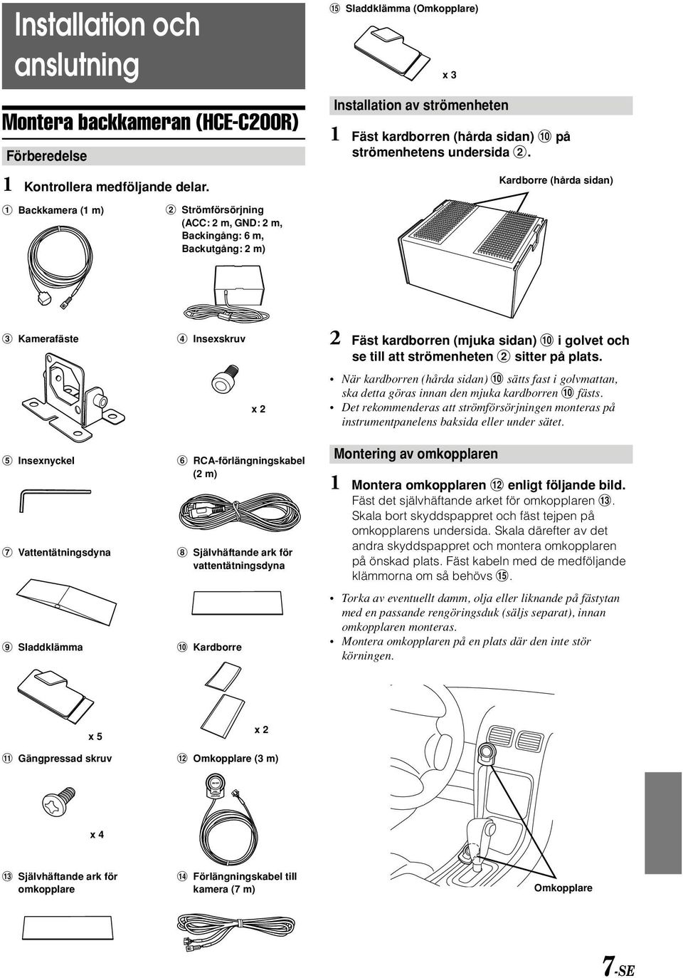 Kardborre (hårda sidan) 1 Backkamera (1 m) 2 Strömförsörjning (ACC: 2 m, GND: 2 m, Backingång: 6 m, Backutgång: 2 m) 3 Kamerafäste 4 Insexskruv 2 Fäst kardborren (mjuka sidan)!