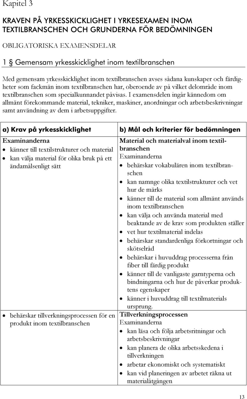 I examensdelen ingår kännedom om allmänt förekommande material, tekniker, maskiner, anordningar och arbetsbeskrivningar samt användning av dem i arbetsuppgifter.