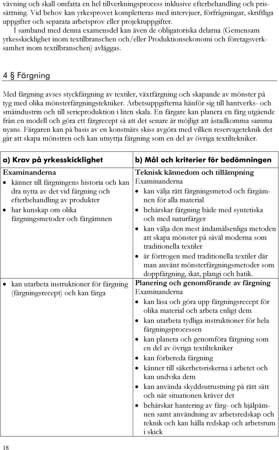 I samband med denna examensdel kan även de obligatoriska delarna (Gemensam yrkesskicklighet inom textilbranschen och/eller Produktionsekonomi och företagsverksamhet inom textilbranschen) avläggas.