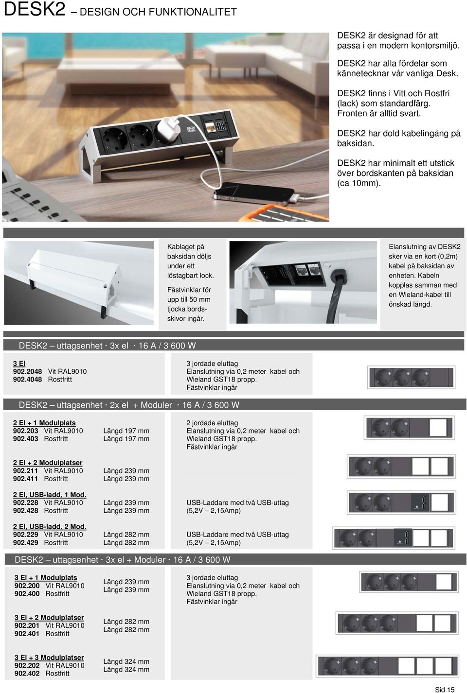 . Kablaget på baksidan döljs under ett löstagbart lock. Fästvinklar för upp till 50 mm tjocka bordsskivor ingår. Elanslutning av DESK2 sker via en kort (0,2m) kabel på baksidan av enheten.