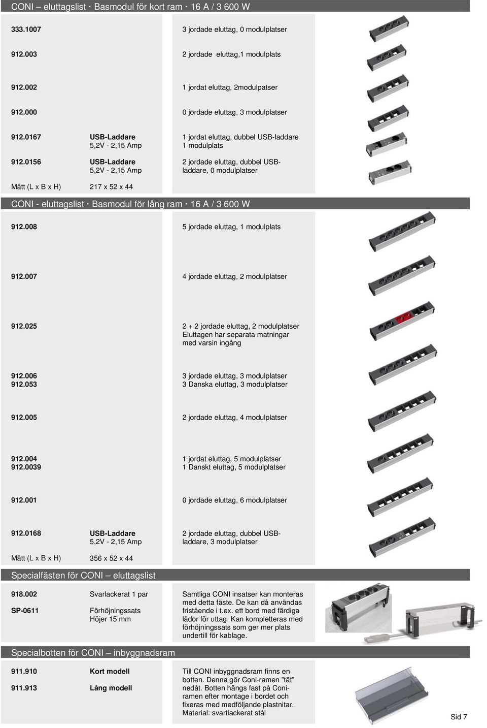 0156 Mått (L x B x H) USB-Laddare 5,2V - 2,15 Amp USB-Laddare 5,2V - 2,15 Amp 217 x 52 x 44 1 jordat eluttag, dubbel USB-laddare 1 modulplats 2 jordade eluttag, dubbel USBladdare, 0 modulplatser CONI