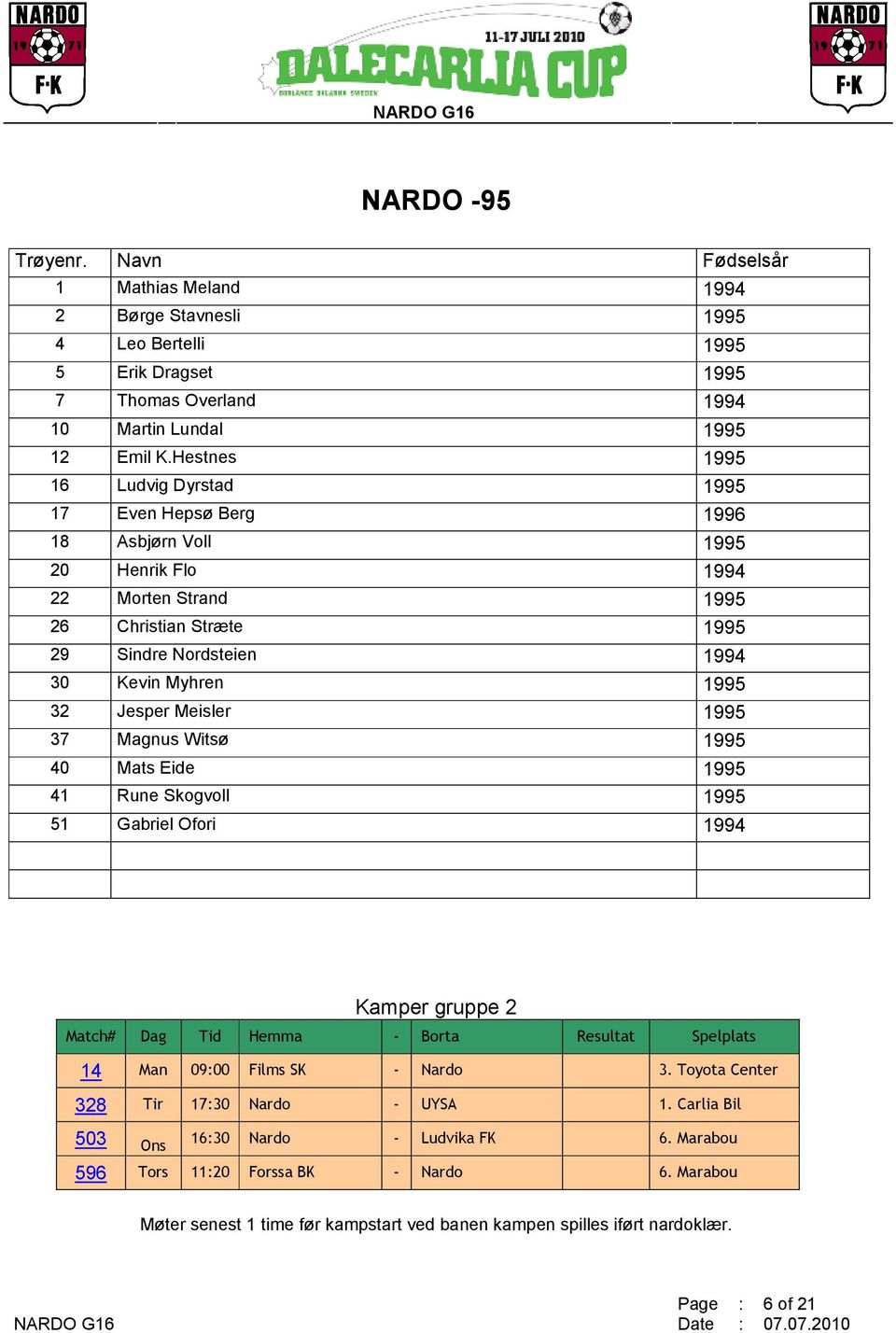 Jesper Meisler 1995 37 Magnus Witsø 1995 40 Mats Eide 1995 41 Rune Skogvoll 1995 51 Gabriel Ofori 1994 Kamper gruppe 2 Match# Dag Tid Hemma - Borta Resultat Spelplats 14 Man 09:00 Films SK - Nardo 3.