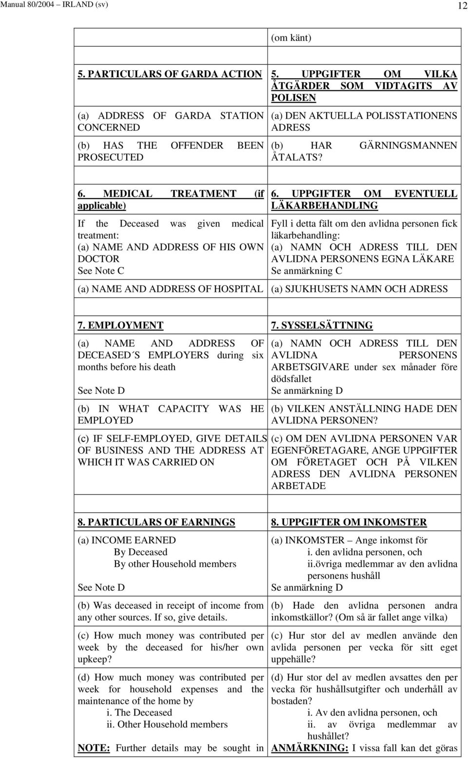 6. MEDICAL TREATMENT (if applicable) If the Deceased was given medical treatment: (a) NAME AND ADDRESS OF HIS OWN DOCTOR See Note C (a) NAME AND ADDRESS OF HOSPITAL 6.