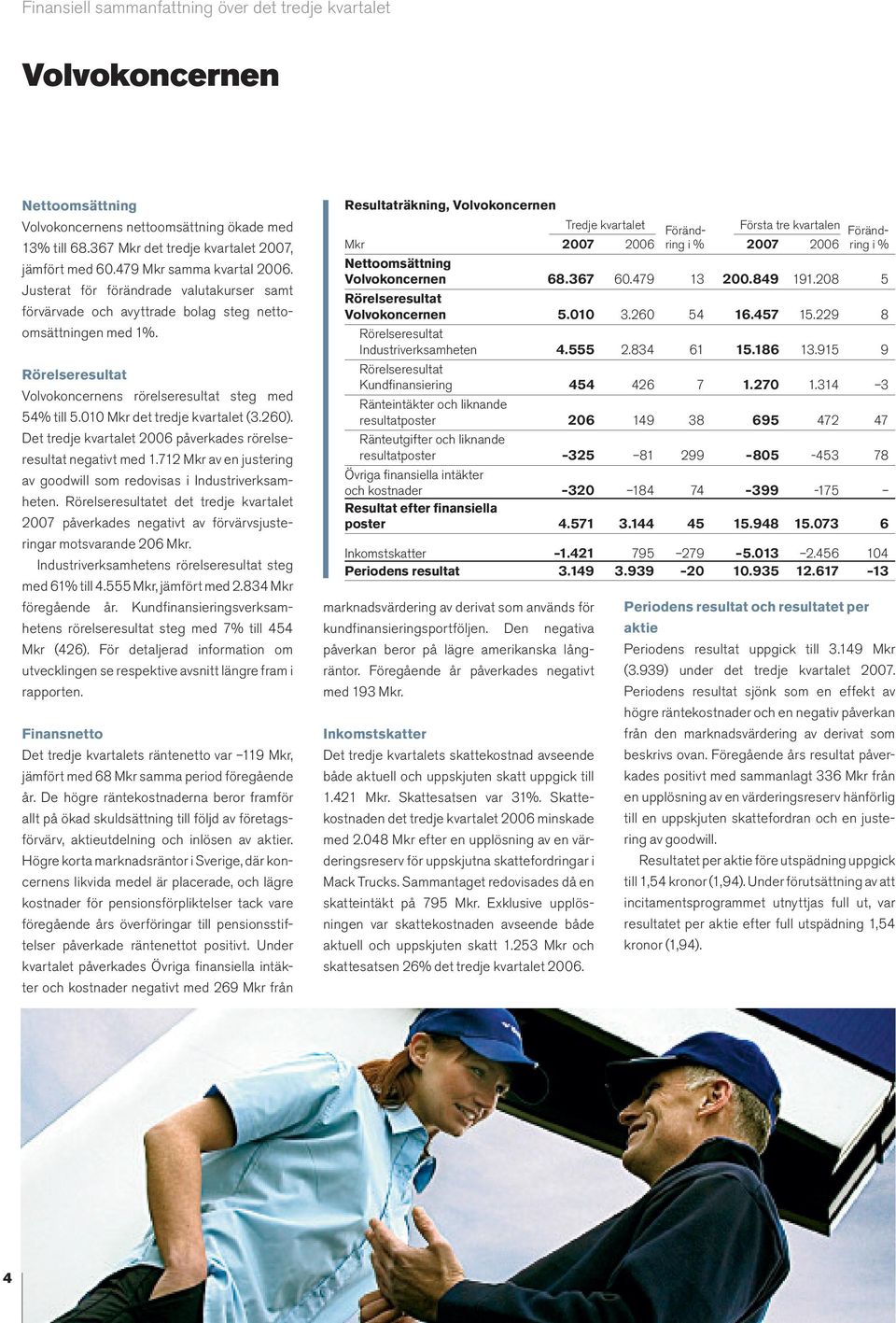 010 Mkr det tredje kvartalet (3.260). Det tredje kvartalet 2006 påverkades rörelseresultat negativt med 1.712 Mkr av en justering av goodwill som redovisas i Industriverksamheten.