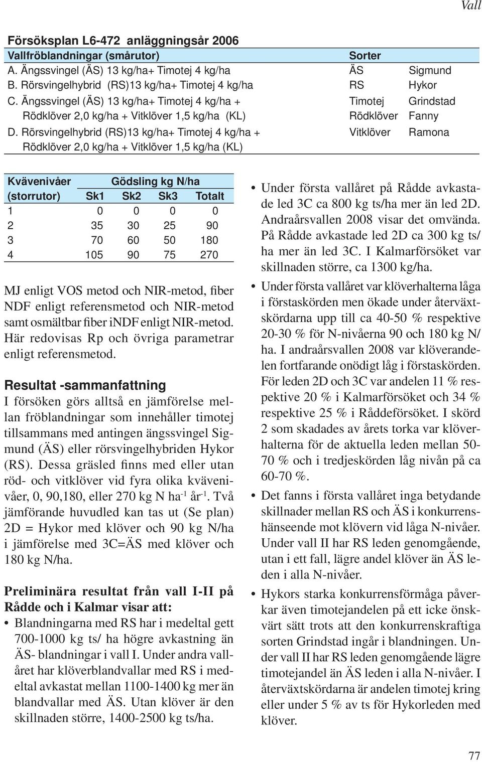 Rörsvingelhybrid (RS)13 kg/ha+ Timotej 4 kg/ha + Vitklöver Ramona Rödklöver 2,0 kg/ha + Vitklöver 1,5 kg/ha (KL) Kvävenivåer Gödsling kg N/ha (storrutor) Sk1 Sk2 Sk3 Totalt 1 0 0 0 0 2 35 30 25 90 3