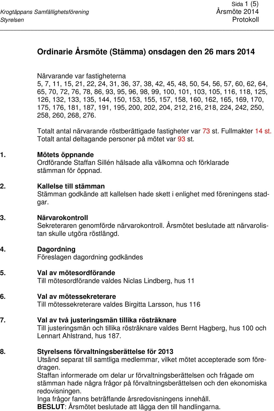 250, 258, 260, 268, 276. Totalt antal närvarande röstberättigade fastigheter var 73 st. Fullmakter 14 st. Totalt antal deltagande personer på mötet var 93 st. 1. Mötets öppnande Ordförande Staffan Sillén hälsade alla välkomna och förklarade stämman för öppnad.