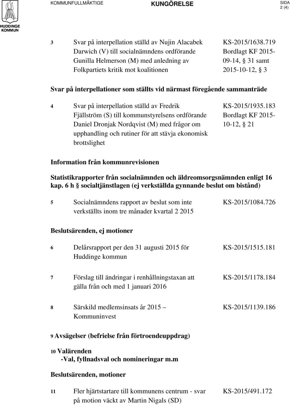 719 Bordlagt KF 2015-09-14, 31 samt 2015-10-12, 3 Svar på interpellationer som ställts vid närmast föregående sammanträde 4 Svar på interpellation ställd av Fredrik Fjällström (S) till