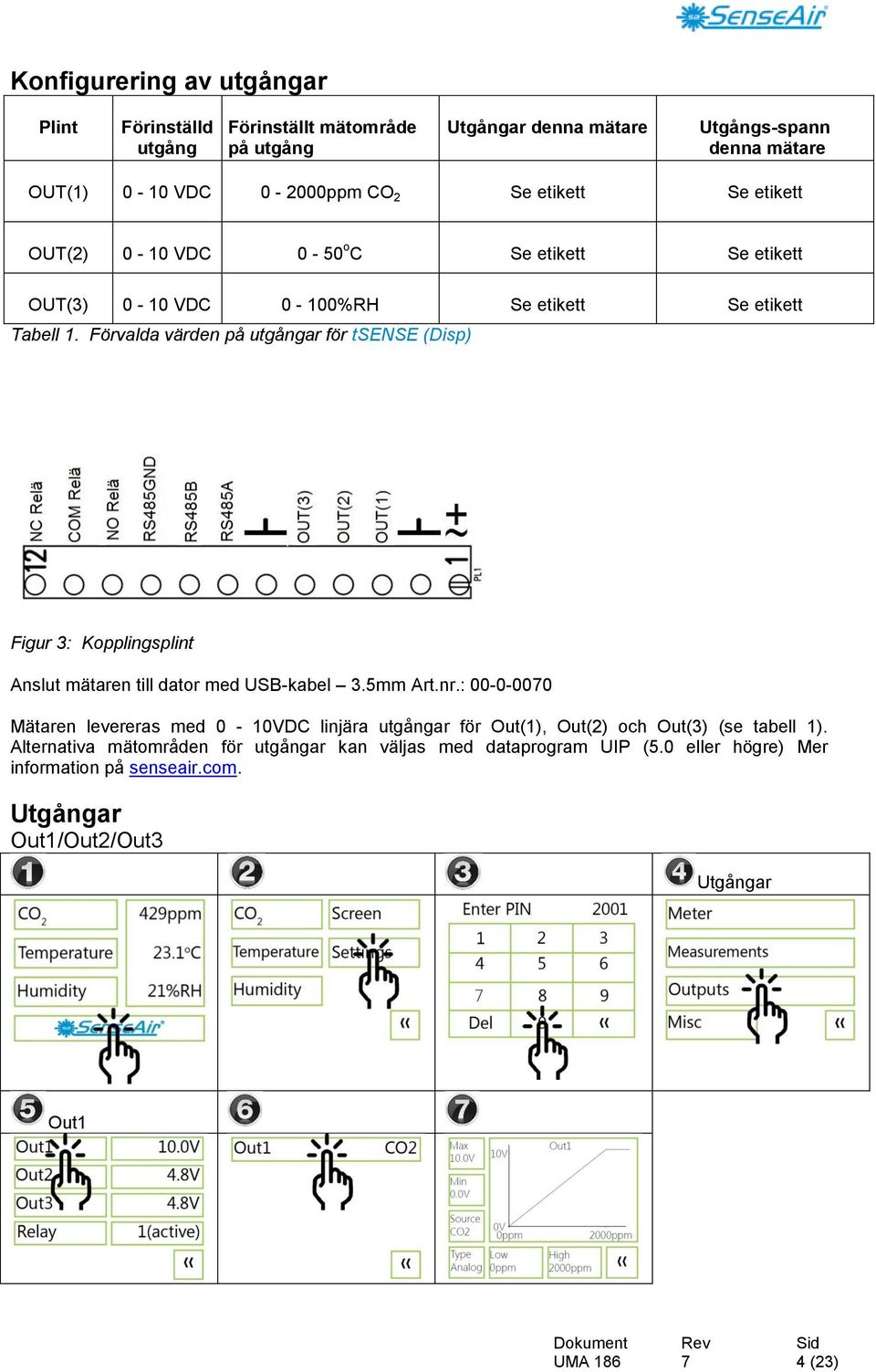 Förvalda värden på utgångar för tsense (Disp) Figur 3: Kopplingsplint Anslut mätaren till dator med USB-kabel 3.5mm Art.nr.