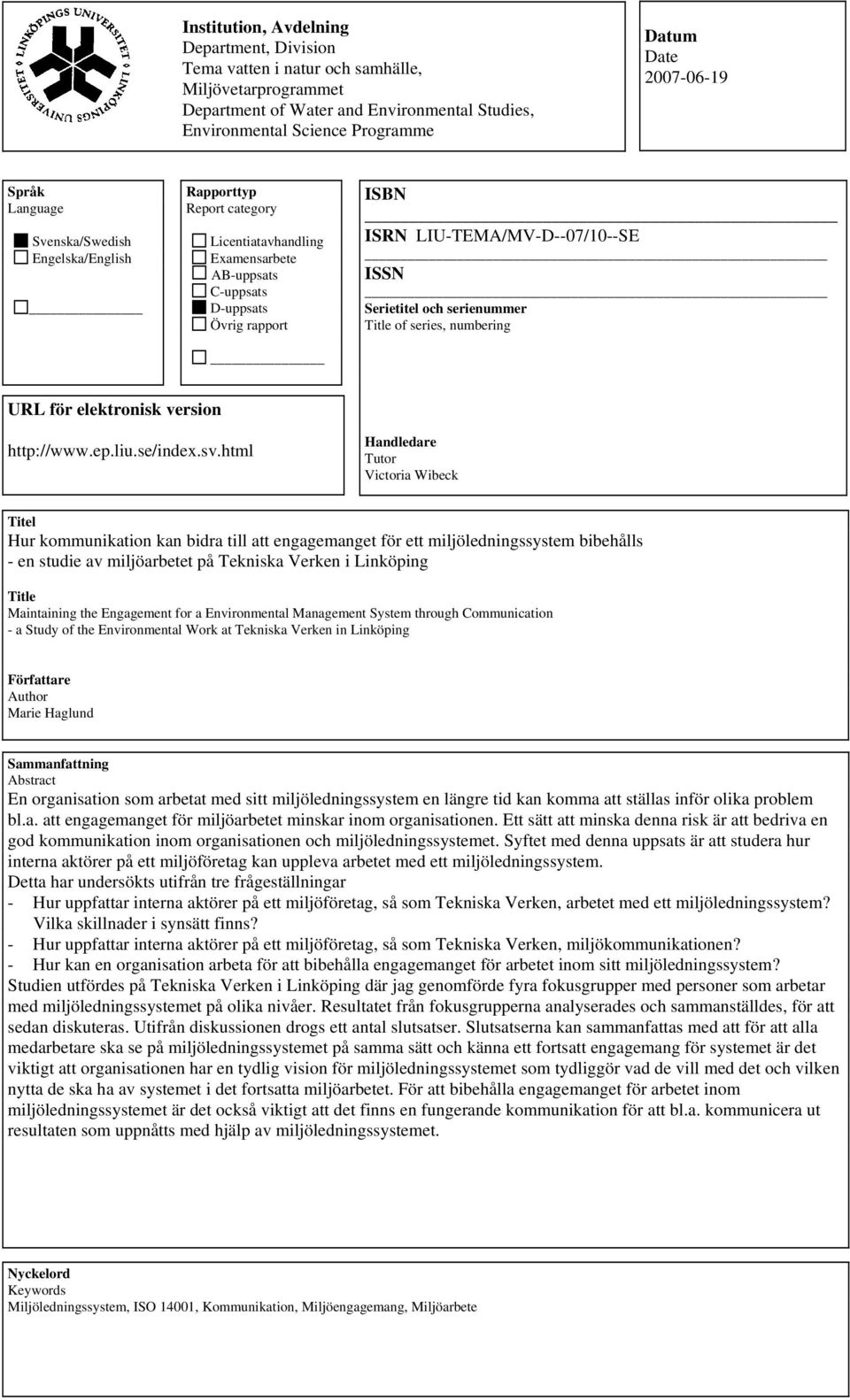 Serietitel och serienummer Title of series, numbering URL för elektronisk version http://www.ep.liu.se/index.sv.