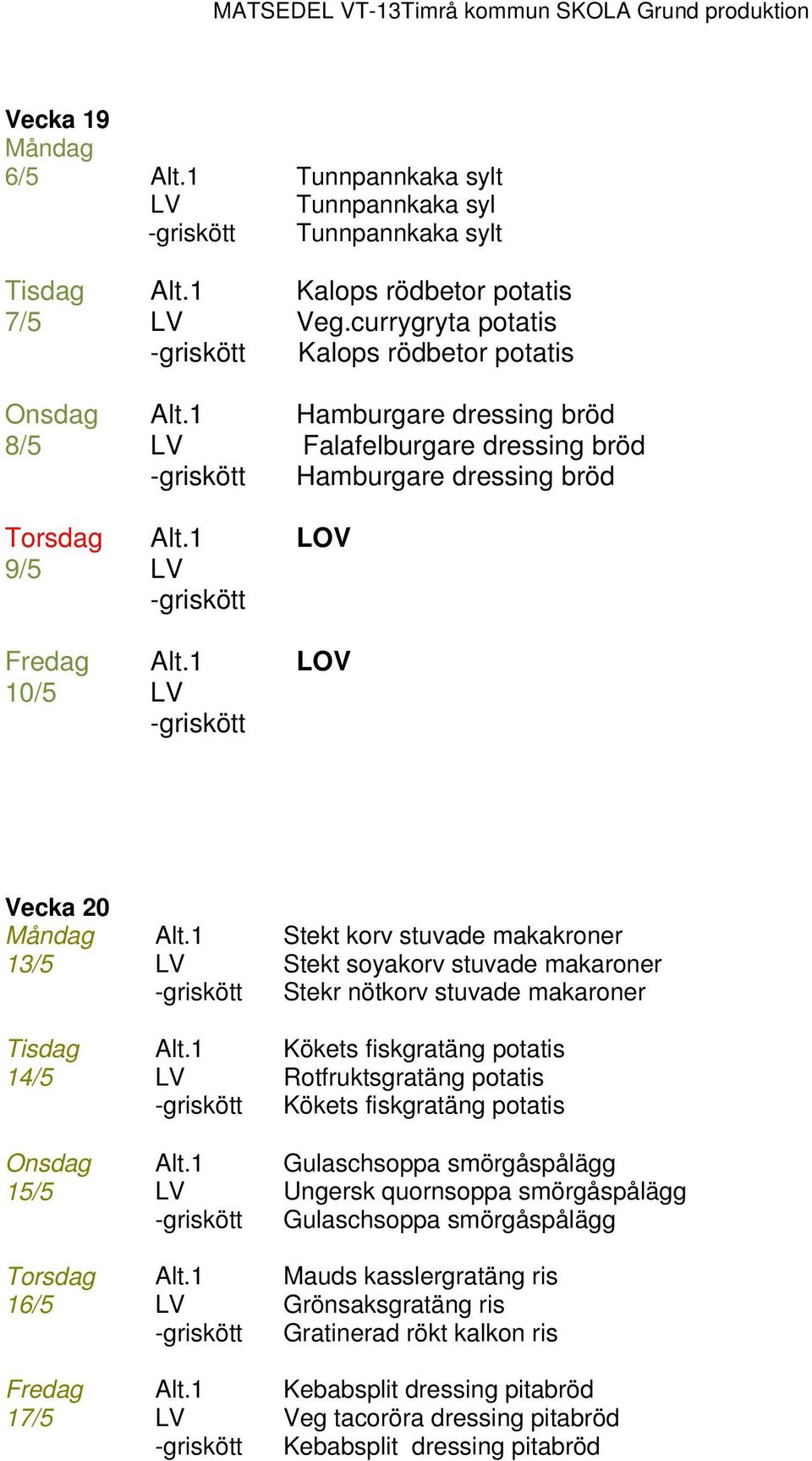 stuvade makakroner 13/5 Stekt soyakorv stuvade makaroner Stekr nötkorv stuvade makaroner Tisdag Kökets fiskgratäng potatis 14/5 Rotfruktsgratäng potatis Kökets fiskgratäng potatis Onsdag