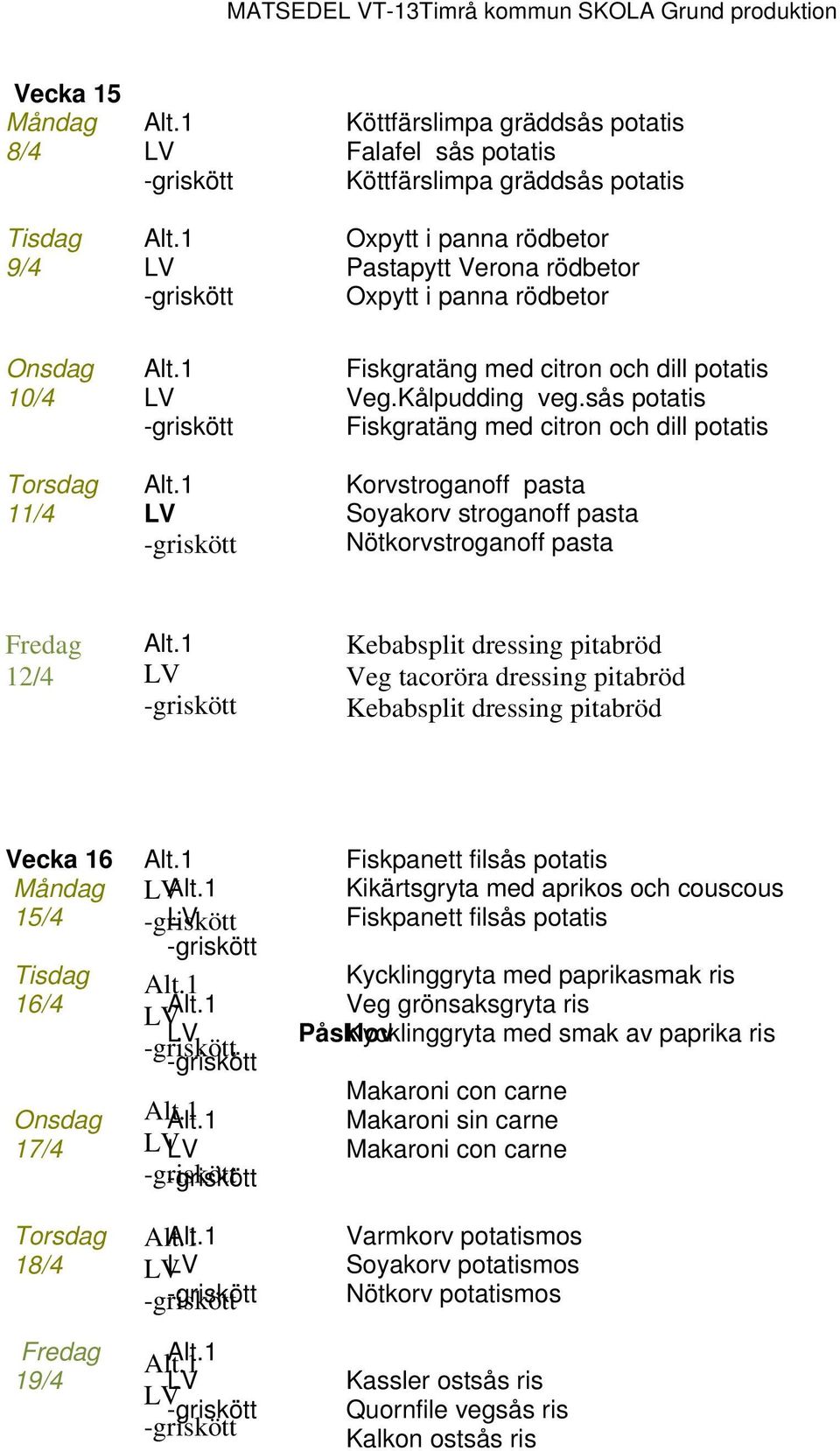 sås potatis Fiskgratäng med citron och dill potatis Torsdag Korvstroganoff pasta 11/4 Soyakorv stroganoff pasta Nötkorvstroganoff pasta Fredag 12/4 Kebabsplit dressing pitabröd Veg tacoröra dressing