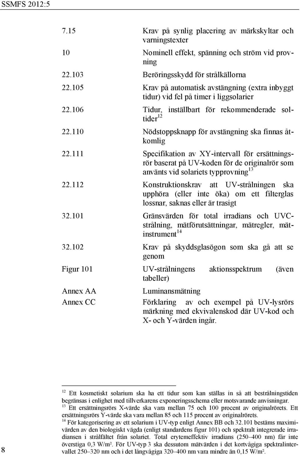 110 Nödstoppsknapp för avstängning ska finnas åtkomlig 22.111 Specifikation av XY-intervall för ersättningsrör baserat på UV-koden för de originalrör som använts vid solariets typprovning 13 22.