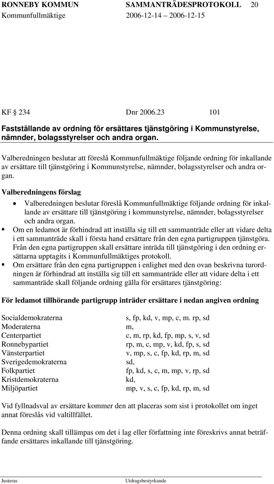 Valberedningen beslutar att föreslå Kommunfullmäktige följande ordning för inkallande av ersättare till tjänstgöring i Kommunstyrelse, nämnder, bolagsstyrelser och andra organ.