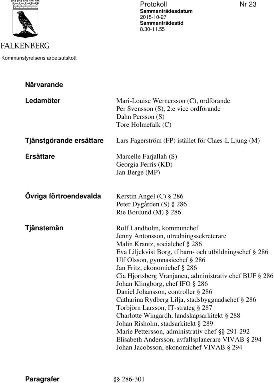 (C) Lars Fagerström (FP) istället för Claes-L Ljung (M) Marcelle Farjallah (S) Georgia Ferris (KD) Jan Berge (MP) Övriga förtroendevalda Kerstin Angel (C) 286 Peter Dygården (S) 286 Rie Boulund (M)