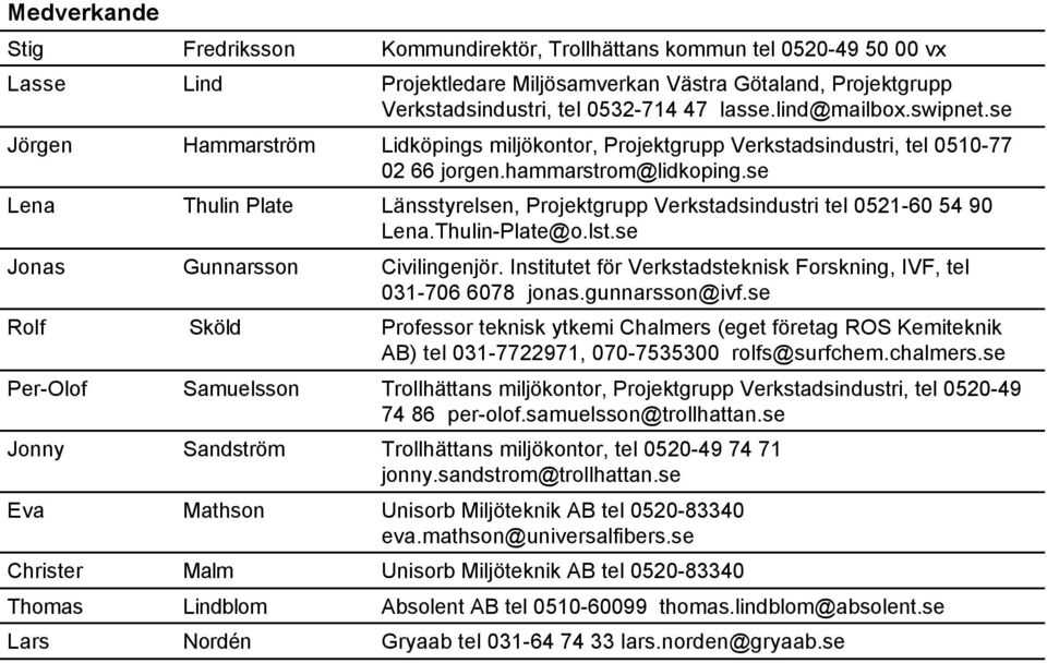 se Lena Thulin Plate Länsstyrelsen, Projektgrupp Verkstadsindustri tel 0521-60 54 90 Lena.Thulin-Plate@o.lst.se Jonas Gunnarsson Civilingenjör.