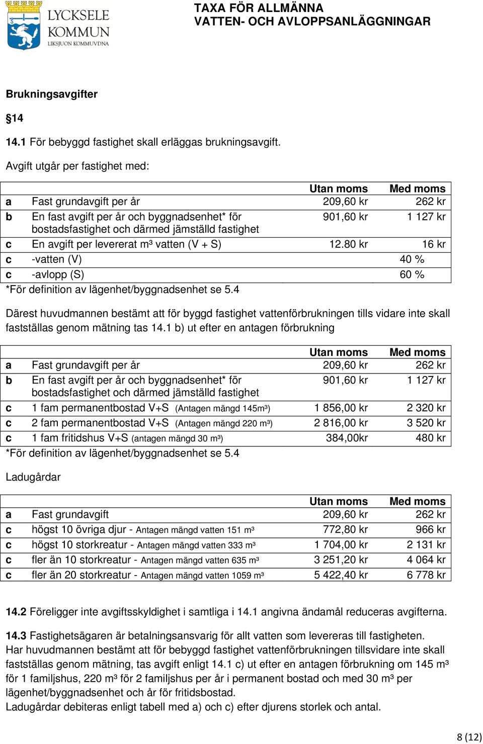 fastighet c En avgift per levererat m³ vatten (V + S) 12.80 kr 16 kr c -vatten (V) 40 % c -avlopp (S) 60 % *För definition av lägenhet/byggnadsenhet se 5.