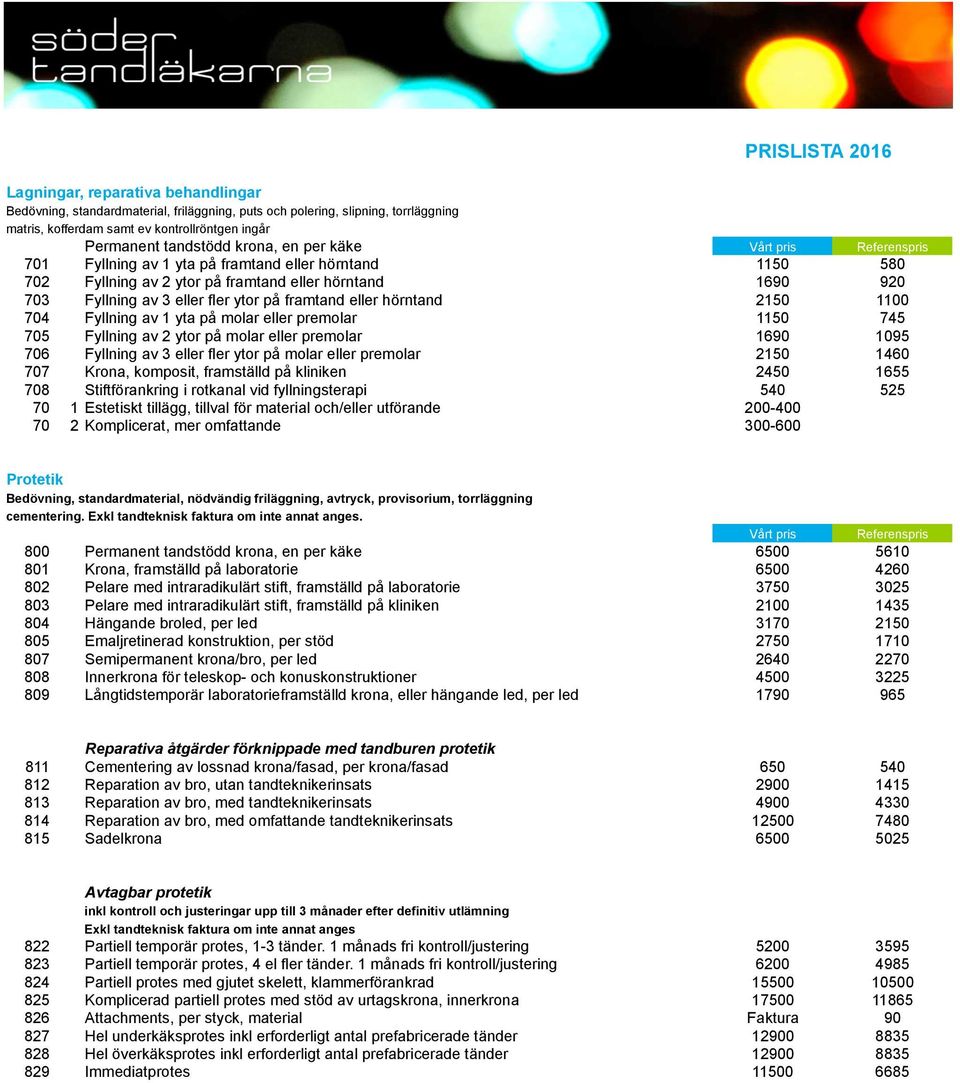 704 Fyllning av 1 yta på molar eller premolar 1150 745 705 Fyllning av 2 ytor på molar eller premolar 1690 1095 706 Fyllning av 3 eller fler ytor på molar eller premolar 2150 1460 707 Krona,