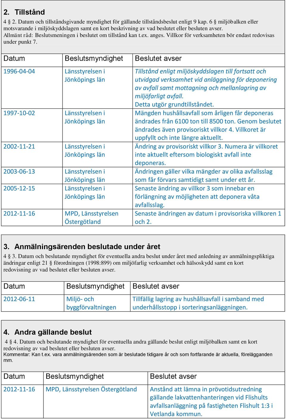 Villkor för verksamheten bör endast redovisas under punkt 7.