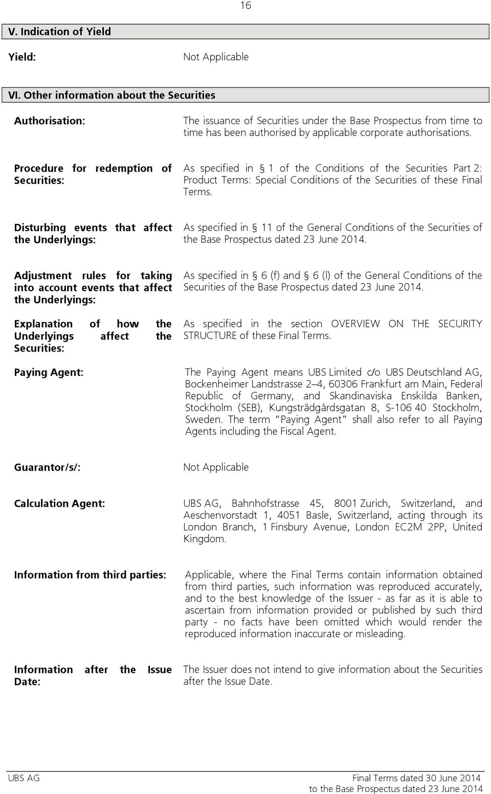 Procedure for redemption of Securities: As specified in 1 of the Conditions of the Securities Part 2: Product Terms: Special Conditions of the Securities of these Final Terms.