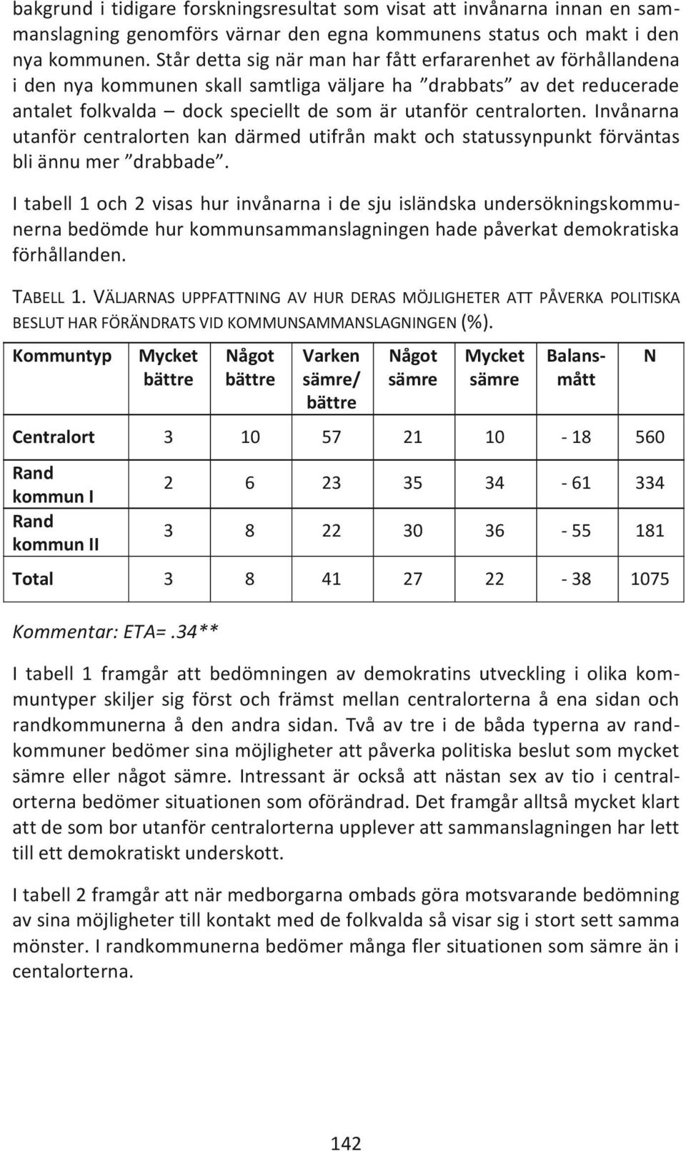 Invånarna utanför centralorten kan därmed utifrån makt och statussynpunkt förväntas bli ännu mer drabbade.