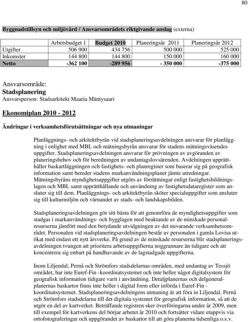 verksamhetsförutsättningar och nya utmaningar Planläggnings- och arkitektbyrån vid stadsplaneringsavdelningen ansvarar för planläggning i enlighet med MBL och mätningsbyrån ansvarar för stadens