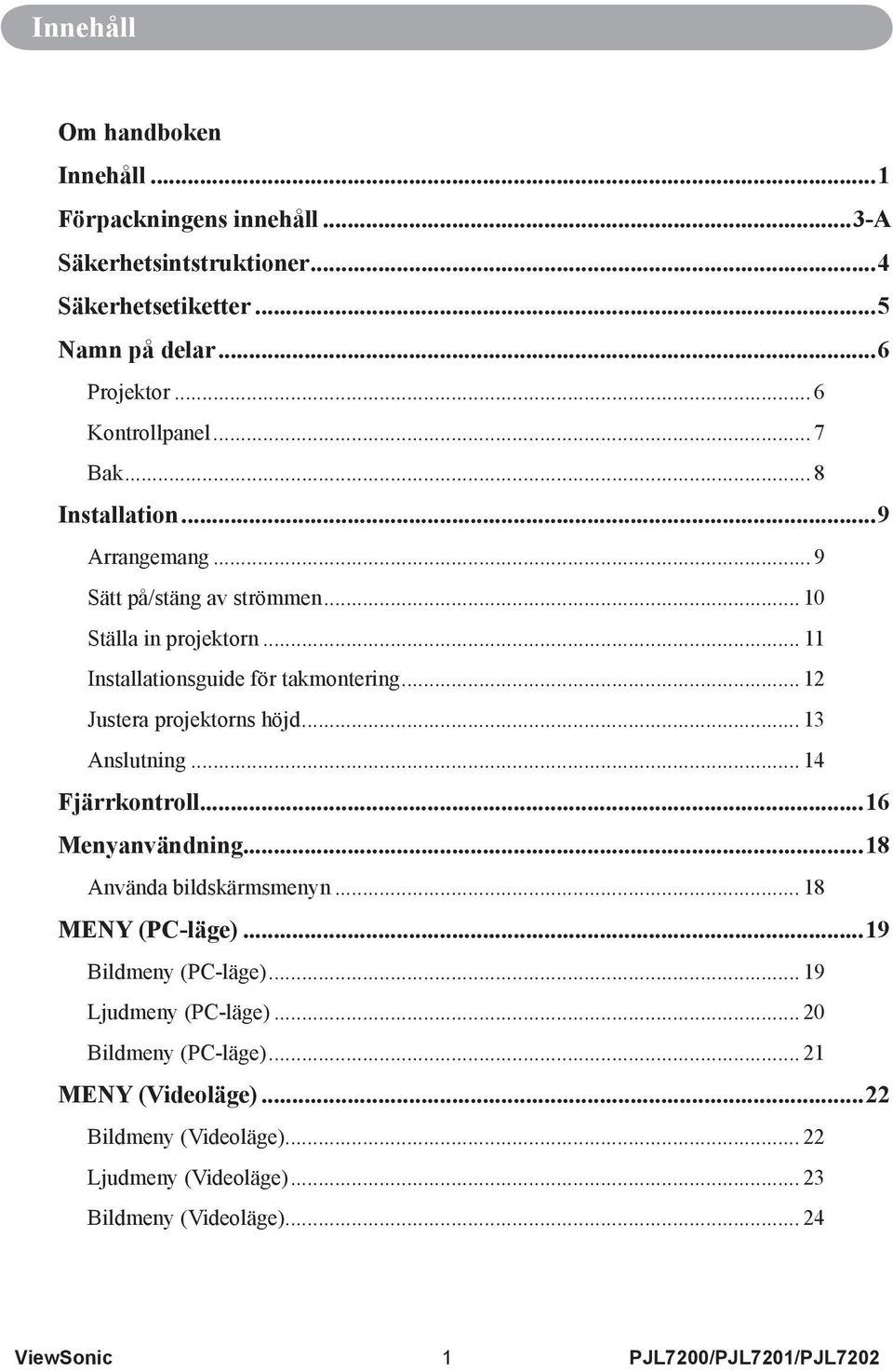 .. 12 Justera projektorns höjd... 13 Anslutning... 14 Fjärrkontroll...16 Menyanvändning...18 Använda bildskärmsmenyn... 18 MENY (PC-läge)...19 Bildmeny (PC-läge).