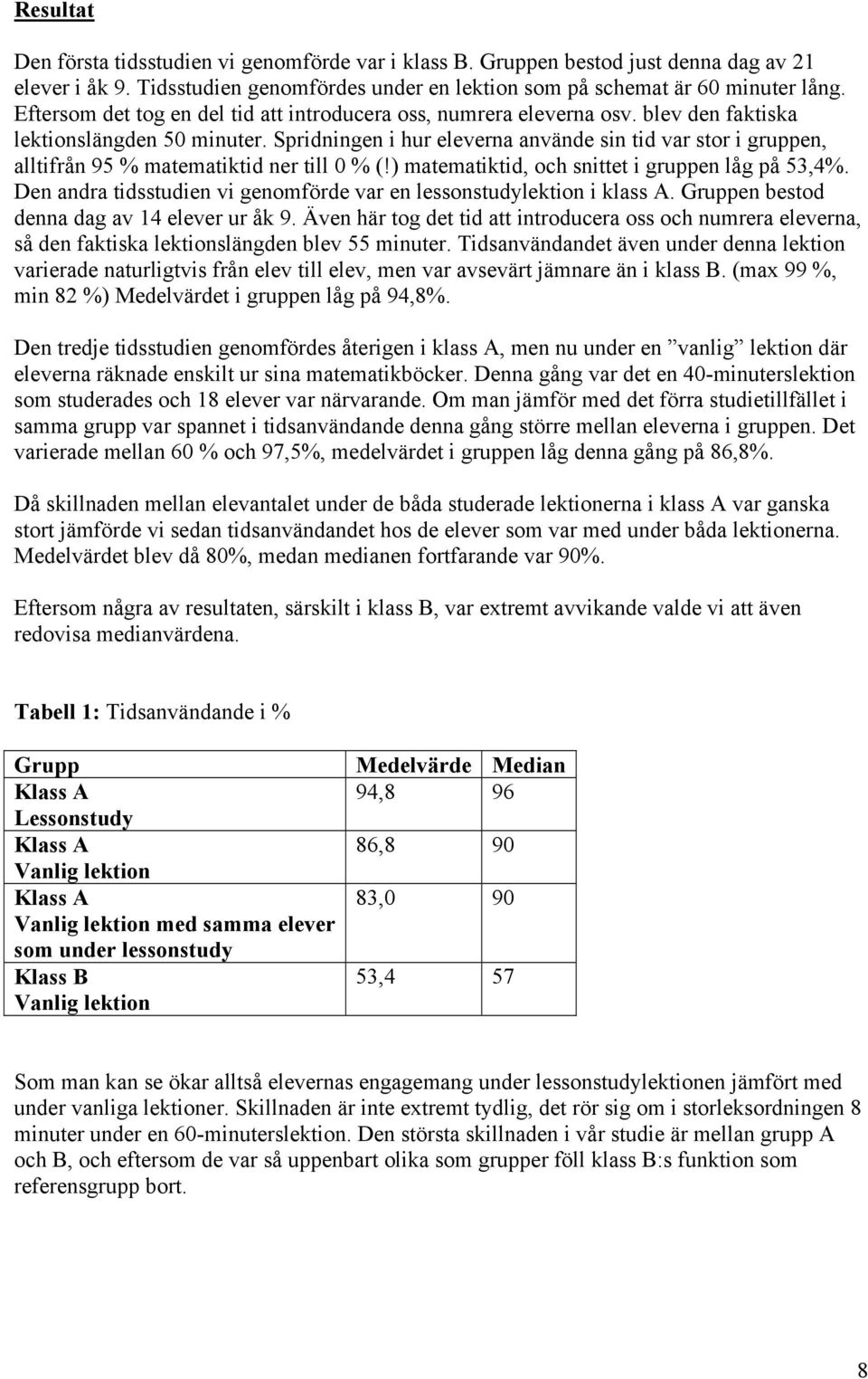 Spridningen i hur eleverna använde sin tid var stor i gruppen, alltifrån 95 % matematiktid ner till 0 % (!) matematiktid, och snittet i gruppen låg på 53,4%.