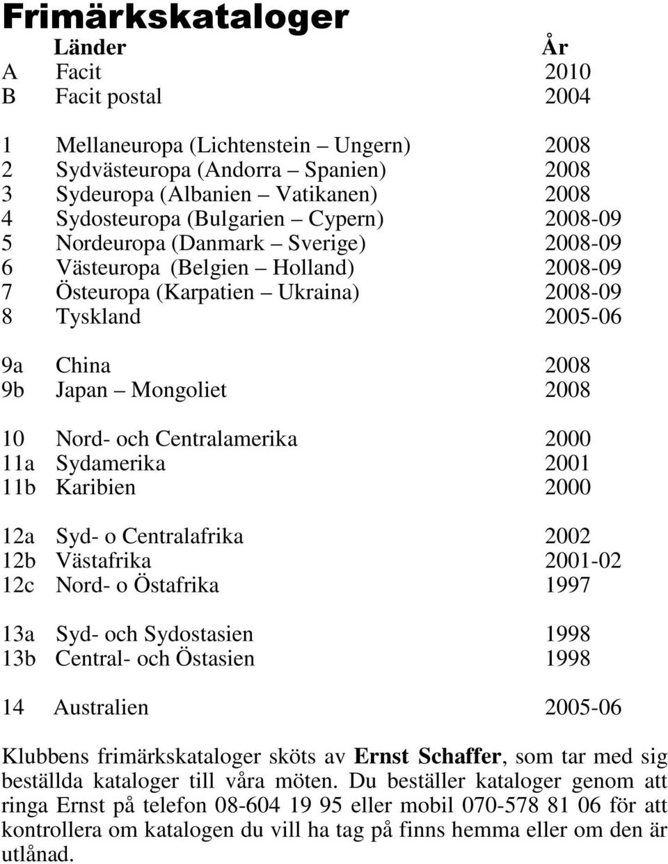 2008 10 Nord- och Centralamerika 2000 11a Sydamerika 2001 11b Karibien 2000 12a Syd- o Centralafrika 2002 12b Västafrika 2001-02 12c Nord- o Östafrika 1997 13a Syd- och Sydostasien 1998 13b Central-