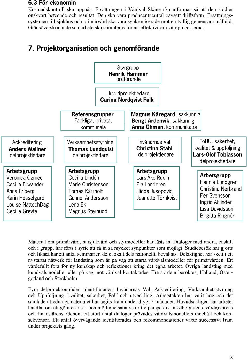 Projektorganisation och genomförande Styrgrupp Henrik Hammar ordförande Huvudprojektledare Carina Nordqvist Falk Referensgrupper Fackliga, privata, kommunala Magnus Kåregård, sakkunnig Bengt