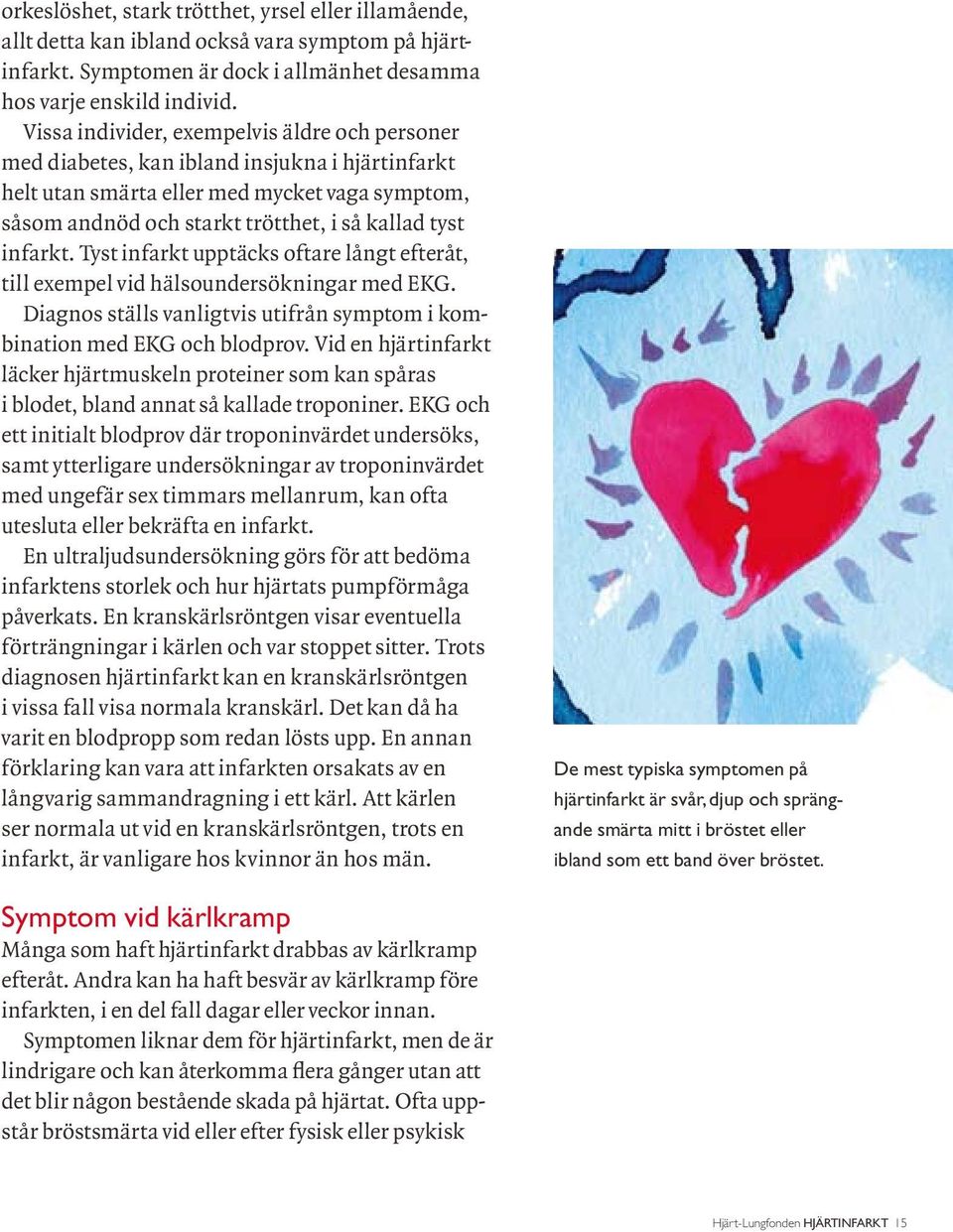 infarkt. Tyst infarkt upptäcks oftare långt efteråt, till exempel vid hälsoundersökningar med EKG. Diagnos ställs vanligtvis utifrån symptom i kombination med EKG och blodprov.