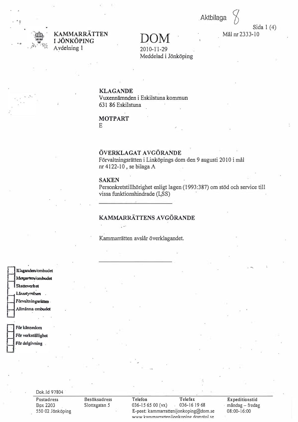 funktionshindrade ( SS) KAMMARRÄTTENS AVGÖRANDE Kammarrätten avslår överklagandet Klapndcn/ombudet lea/ombudd S?ta!tevakct Pö:valtningsritten Allmänna ombudet L!