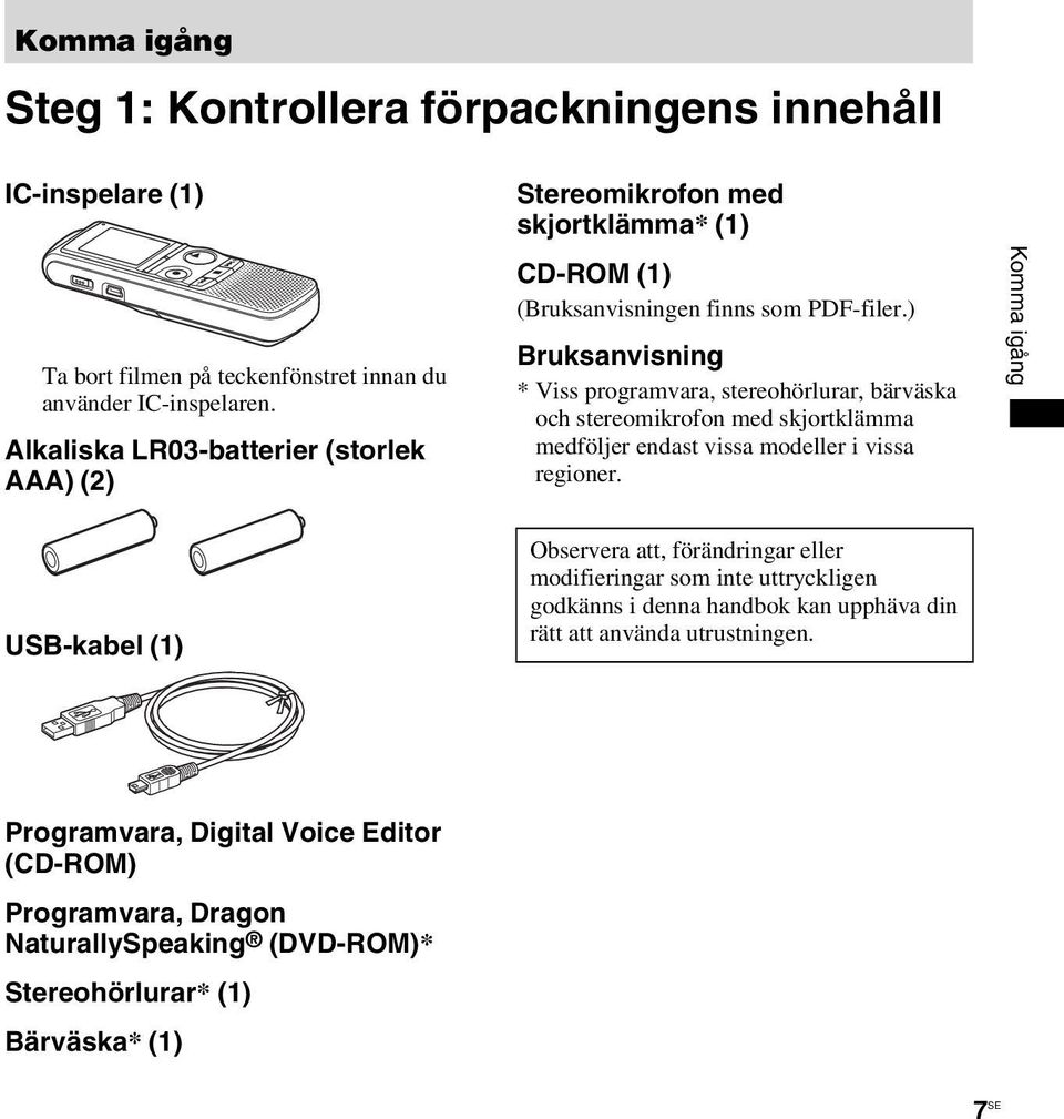 ) Bruksanvisning * Viss programvara, stereohörlurar, bärväska och stereomikrofon med skjortklämma medföljer endast vissa modeller i vissa regioner.