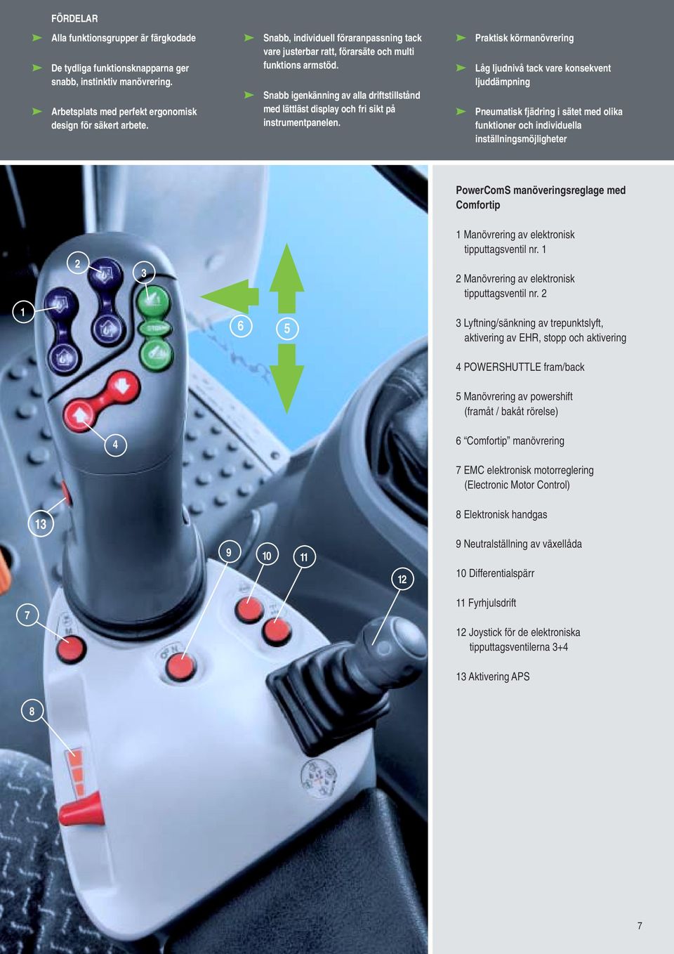 Praktisk körmanövrering åg ljudnivå tack vare konsekvent ljuddämpning Pneumatisk fjädring i sätet med olika funktioner och individuella inställningsmöjligheter PowerComS manöveringsreglage med