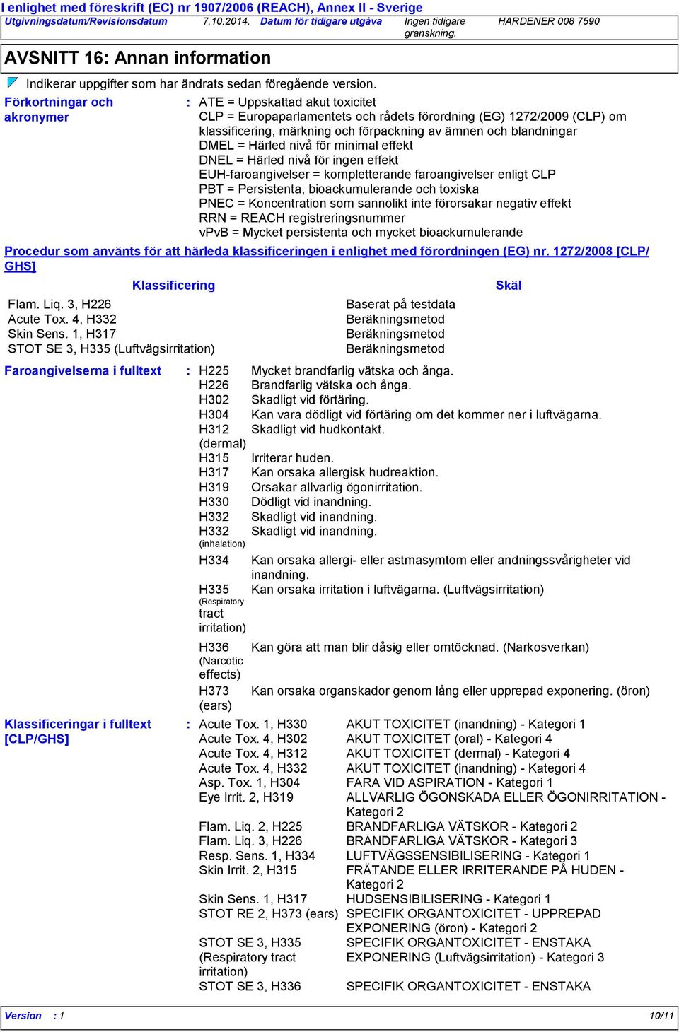 av ämnen och blandningar DMEL = Härled nivå för minimal effekt DNEL = Härled nivå för ingen effekt EUH-faroangivelser = kompletterande faroangivelser enligt CLP PBT = Persistenta, bioackumulerande